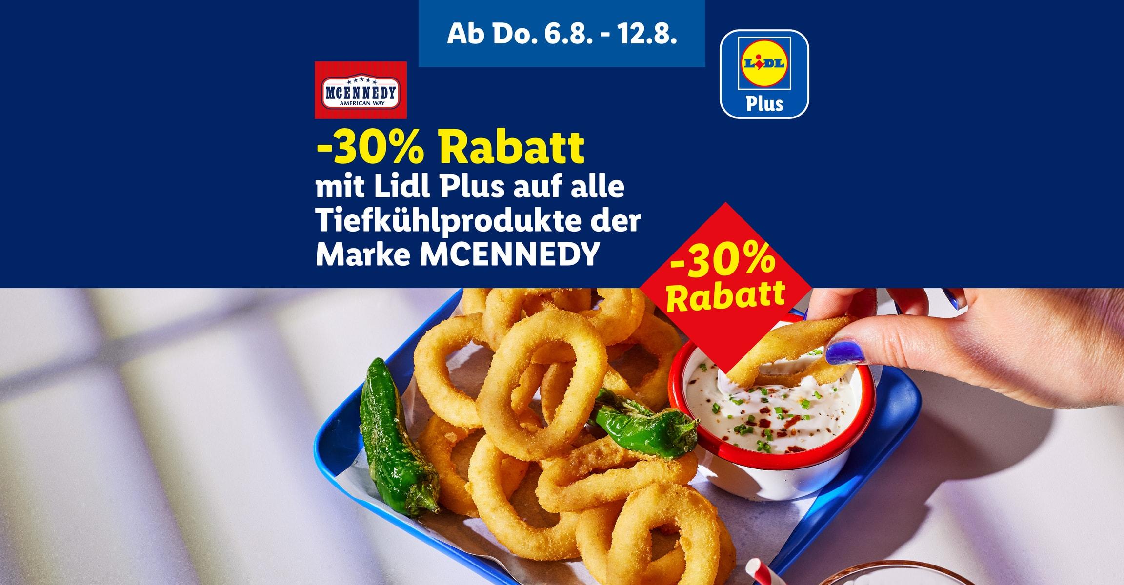 Ab Do. 6.8. - 12.8. -30% Rabatt mit Lidl Plus auf alle Tiefkühlprodukte der Marke MCENNEDY