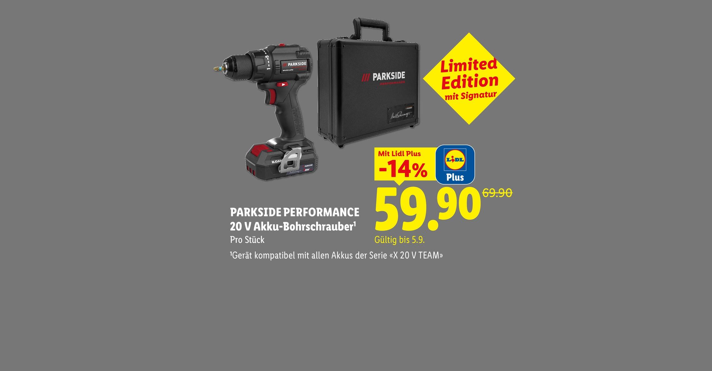PARKSIDE PERFORMANCE Avvitatore elettrico a batteria 20 V Al pezzo Con Lidl Plus -14% CHF 59.90 Valido fino al 5.9 Dispositivo compatibile con tutte le batterie della serie «X 20 V TEAM»