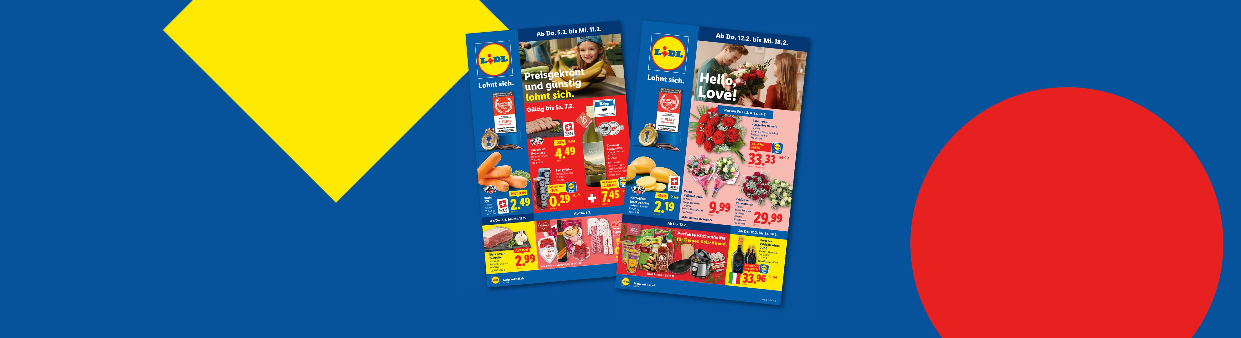 Lidl-Flugblätter mit Angeboten für Lebensmittel, Blumen und Haushaltswaren.