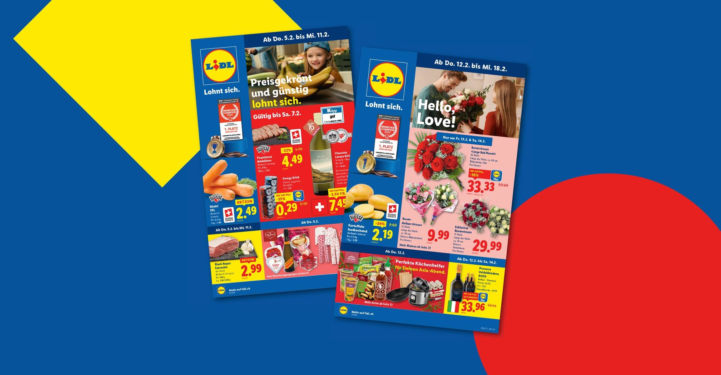 Lidl-Flugblätter mit Angeboten für Lebensmittel, Blumen und Haushaltswaren.