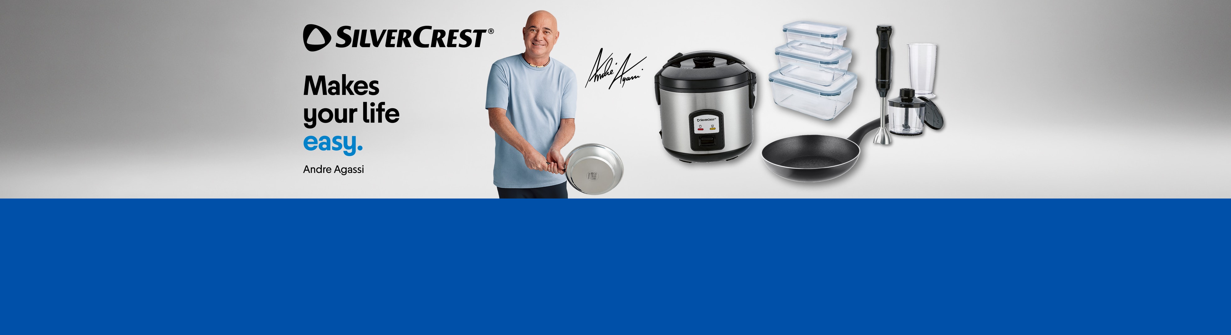 Andre Agassi mit Kochgeschirr, Reiskocher, Lebensmittelbehältern und Stabmixer.