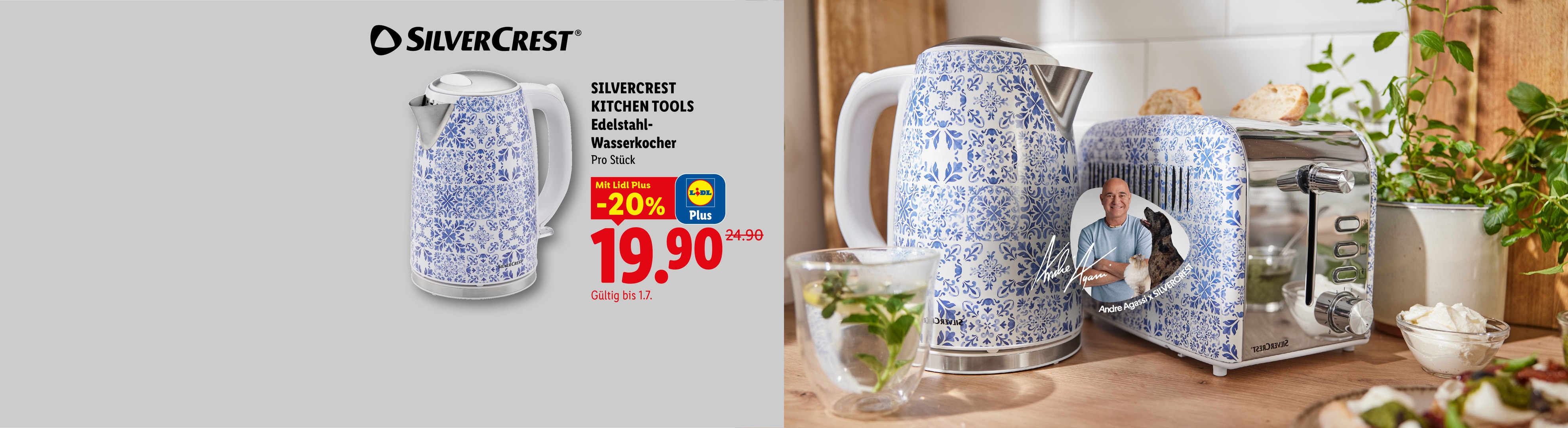 Wasserkocher und Toaster mit blau-weißem Muster, beworben mit einem Rabatt von 20% auf 19,90 €.