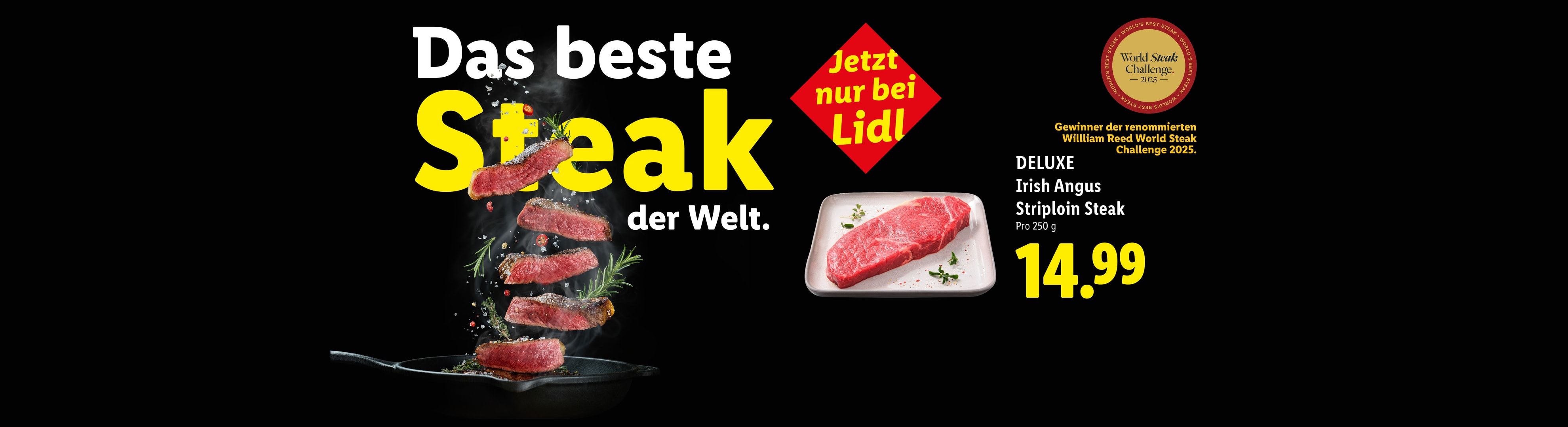 Werbung für das beste Steak der Welt, jetzt erhältlich, mit Preisangabe.