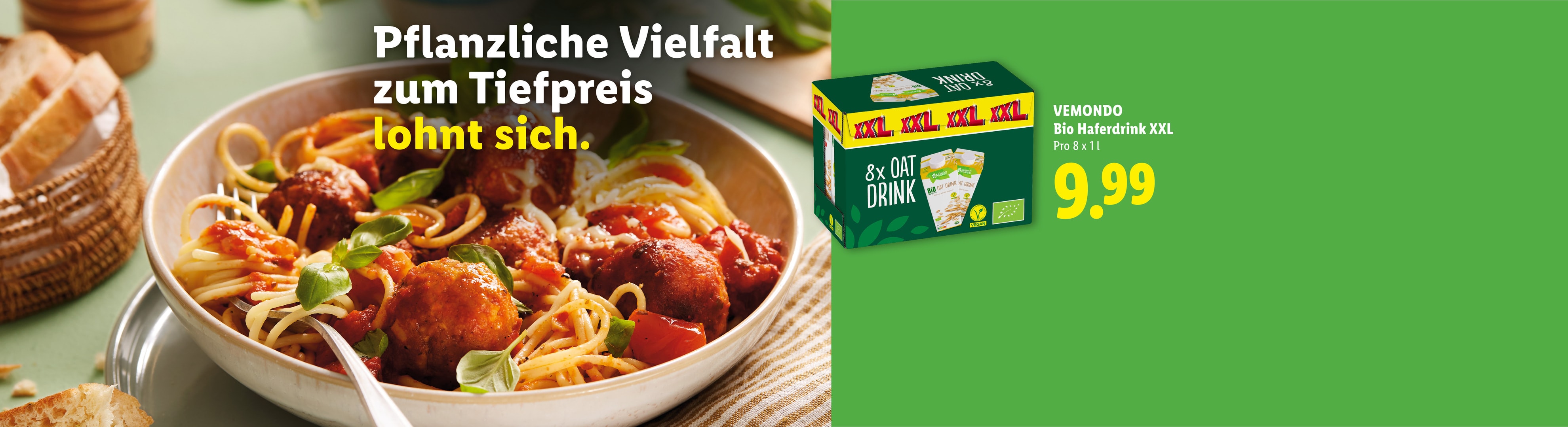 Pflanzliche Vielfalt zum Tiefpreis: Spaghetti mit veganen Bällchen und Haferdrink im Multipack.