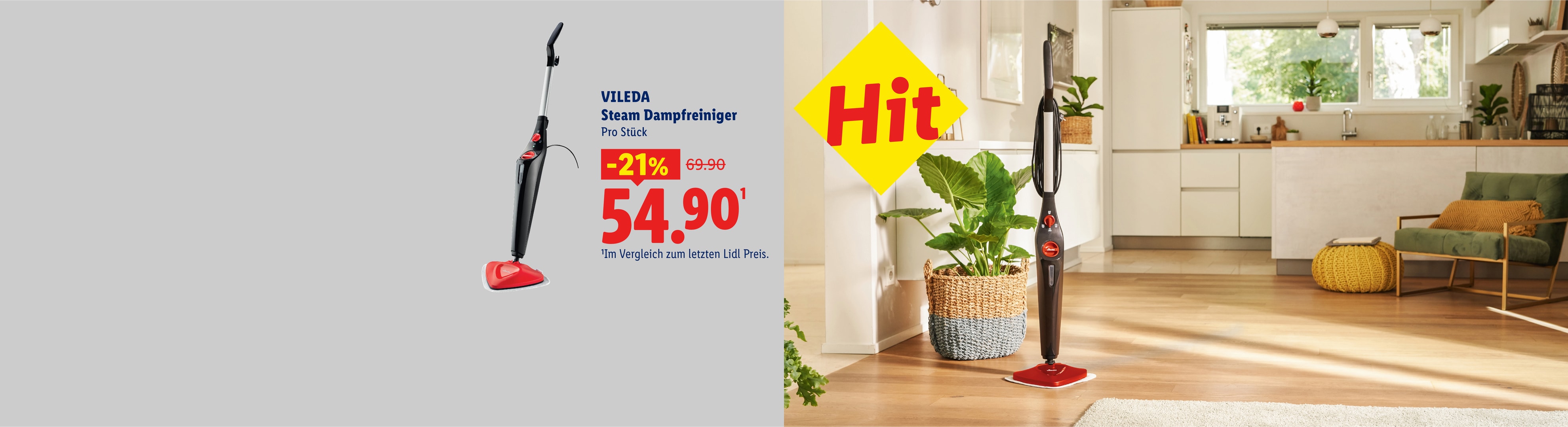 Dampfreiniger im Angebot für 54,90 € mit 21% Rabatt, präsentiert in einer modernen Küche.