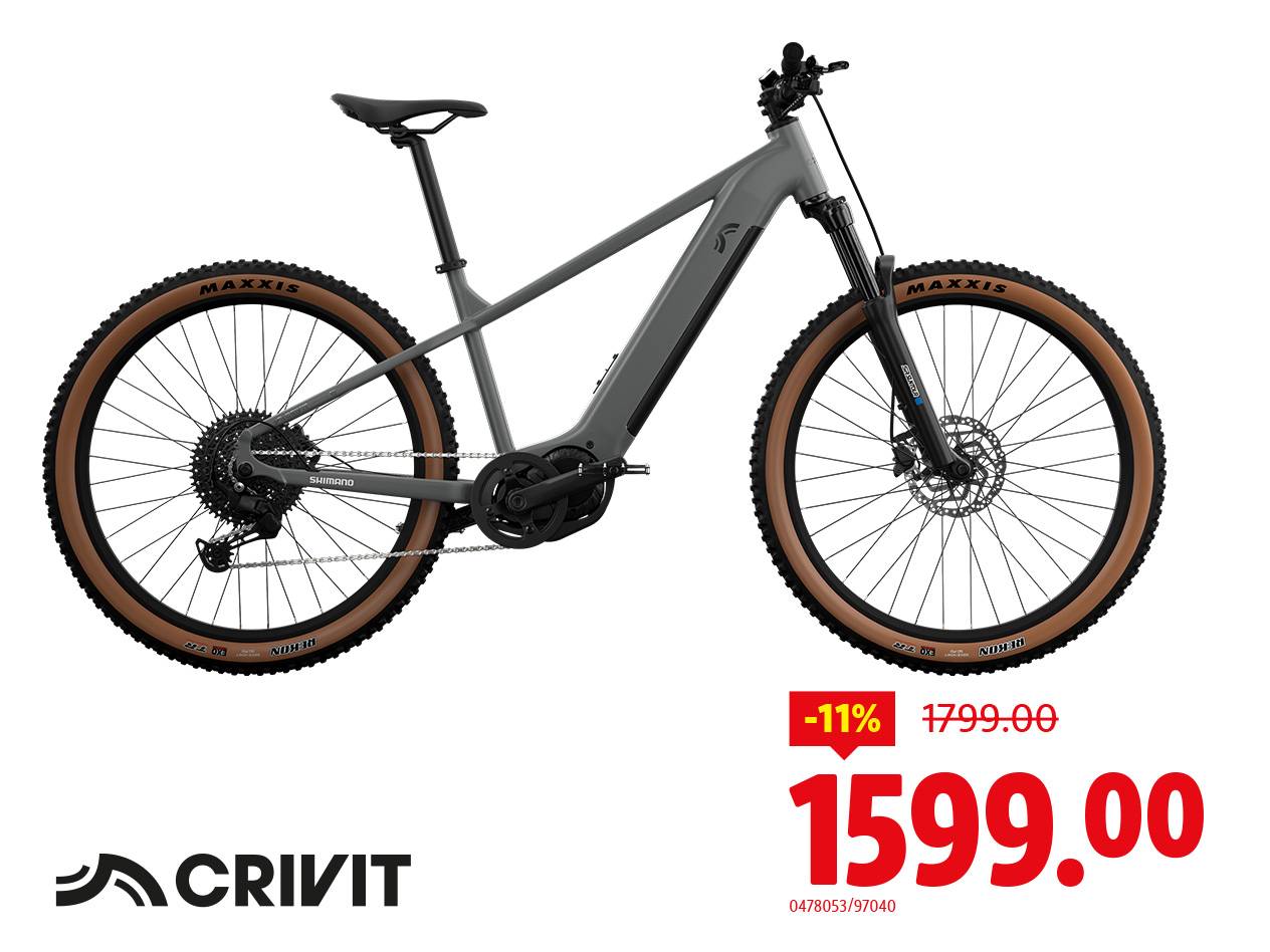 Bicicletta elettrica grigia con pneumatici marroni, mostrata con uno sconto dell'11% a 1599.00.