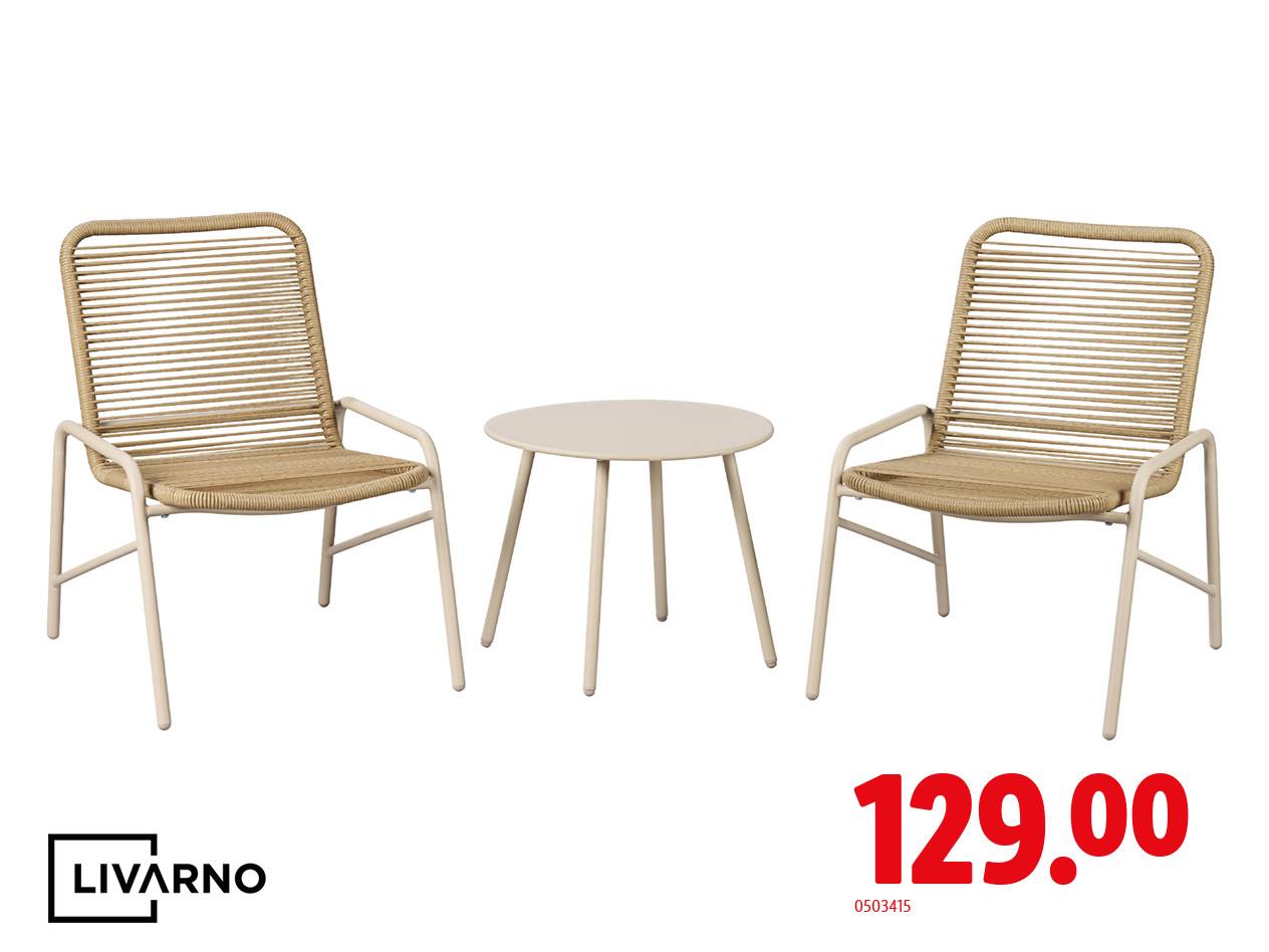 Set da giardino beige con due sedie e un tavolo, prezzo 129.00.
