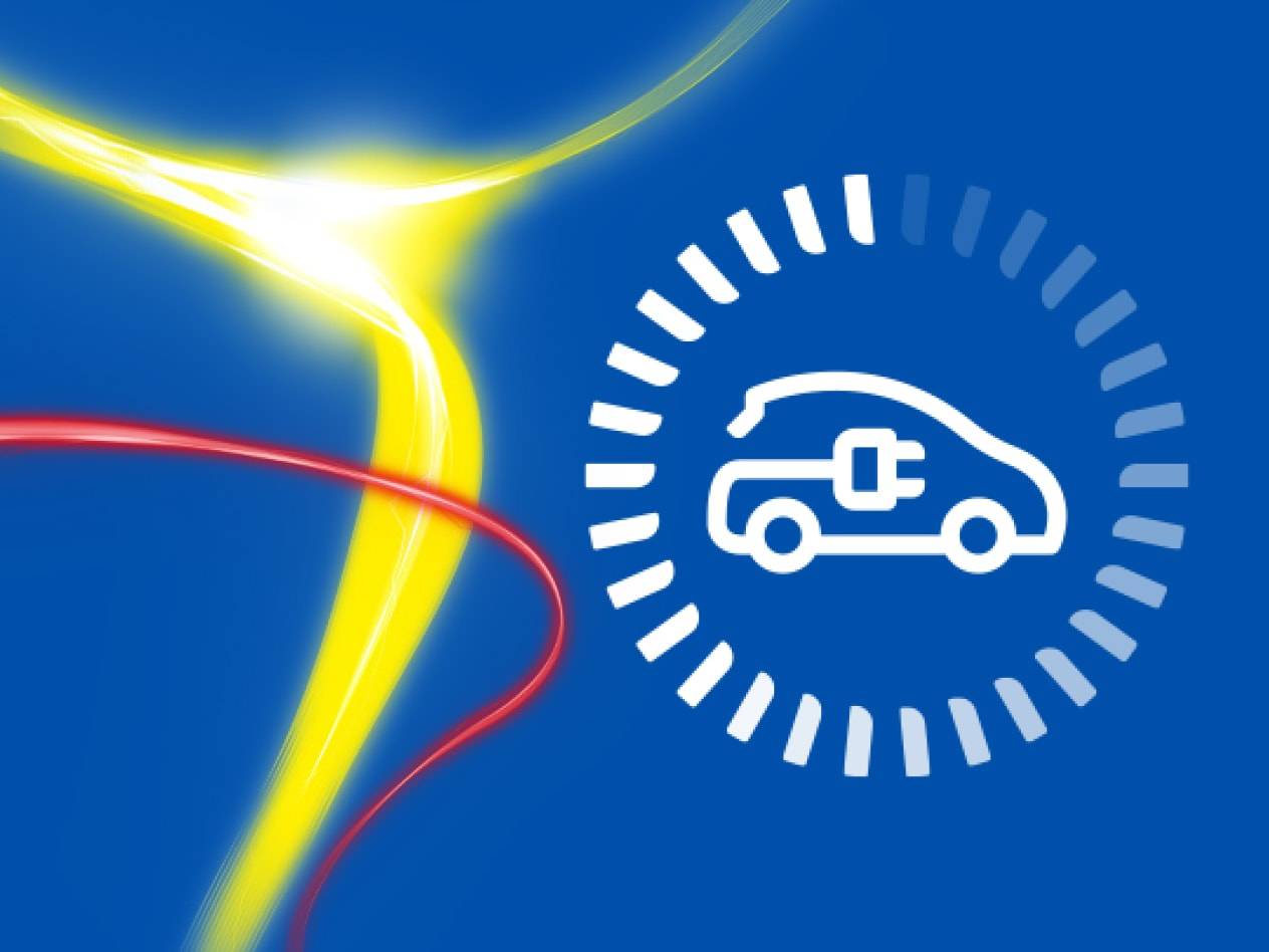 Icona di auto elettrica in carica con linee luminose gialle e rosse.