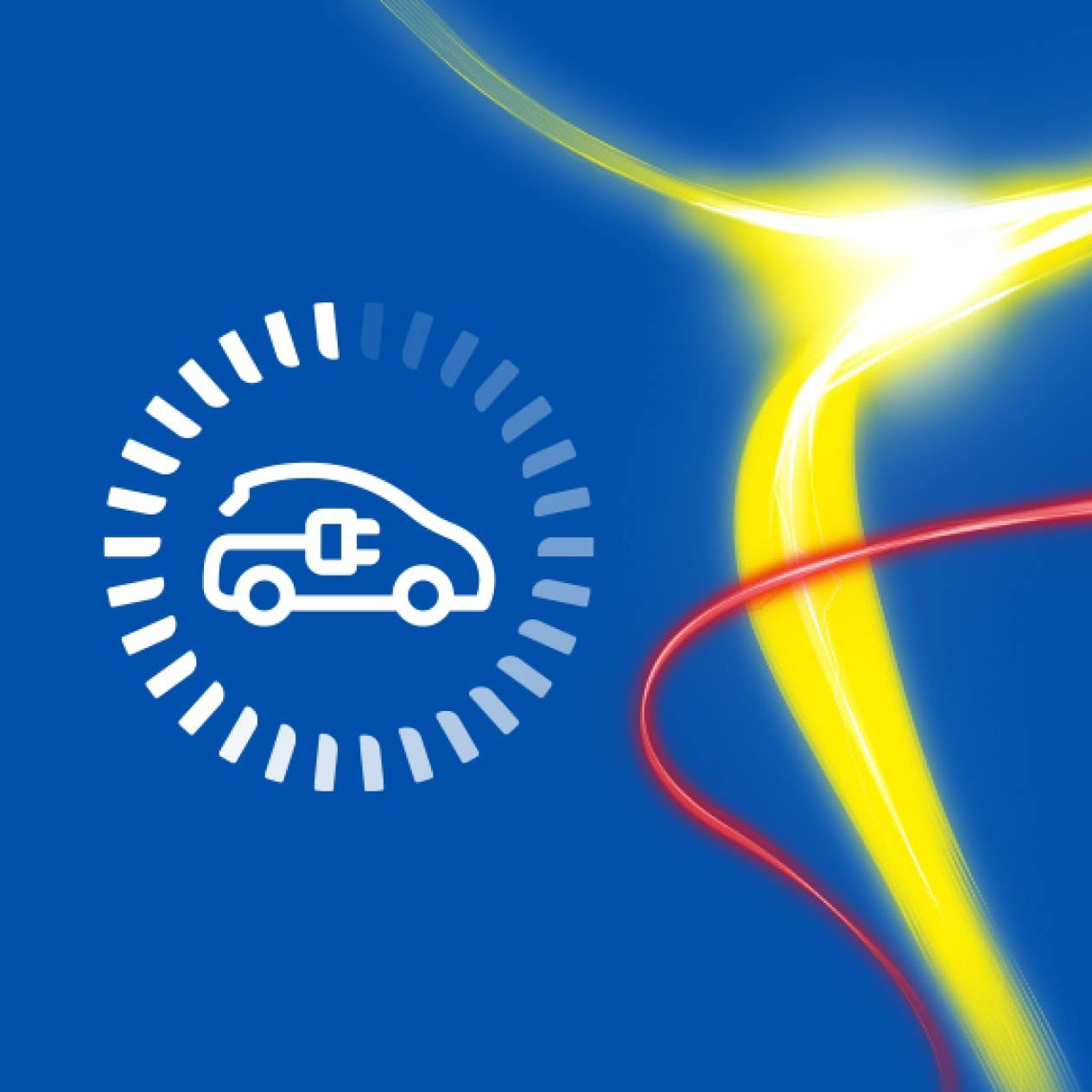 Icona di auto elettrica in carica su sfondo blu con linee luminose gialle e rosse.