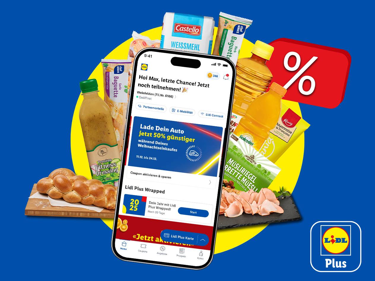 Lidl Plus App mit Weihnachtsangeboten und Lebensmitteln wie Brot, Saucen und Müsli.