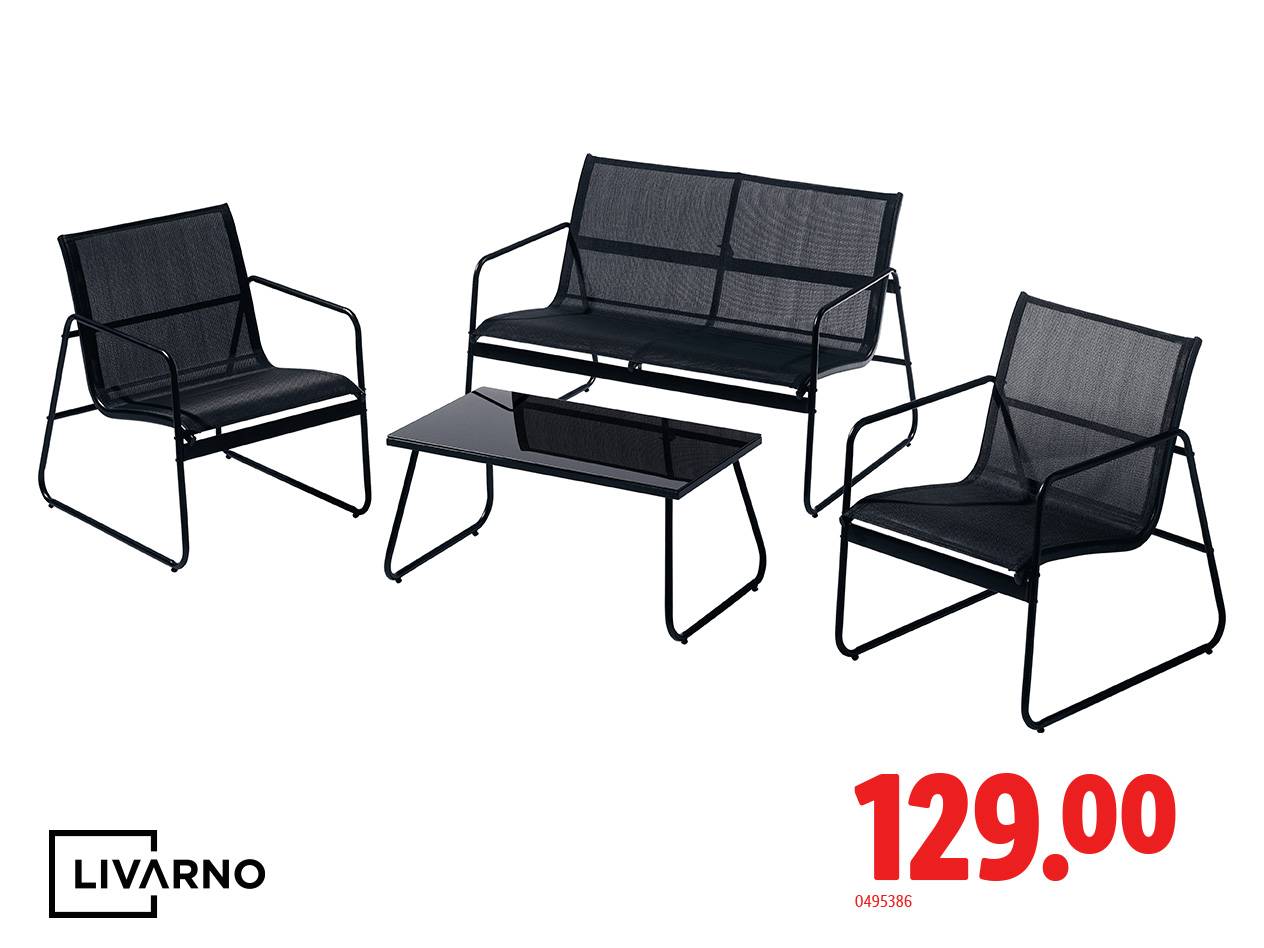 Schwarzes Gartenlounge-Set mit zwei Stühlen, einem Zweisitzer und einem Couchtisch, Preis 129.00.