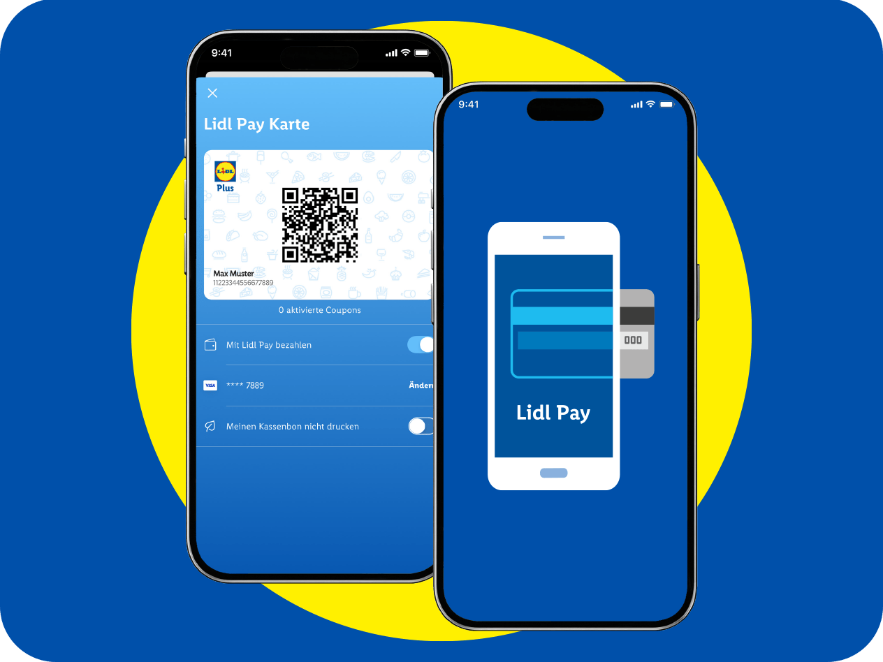 Zwei Smartphones zeigen die mobile Bezahl-App mit QR-Code und Zahlungsoptionen.