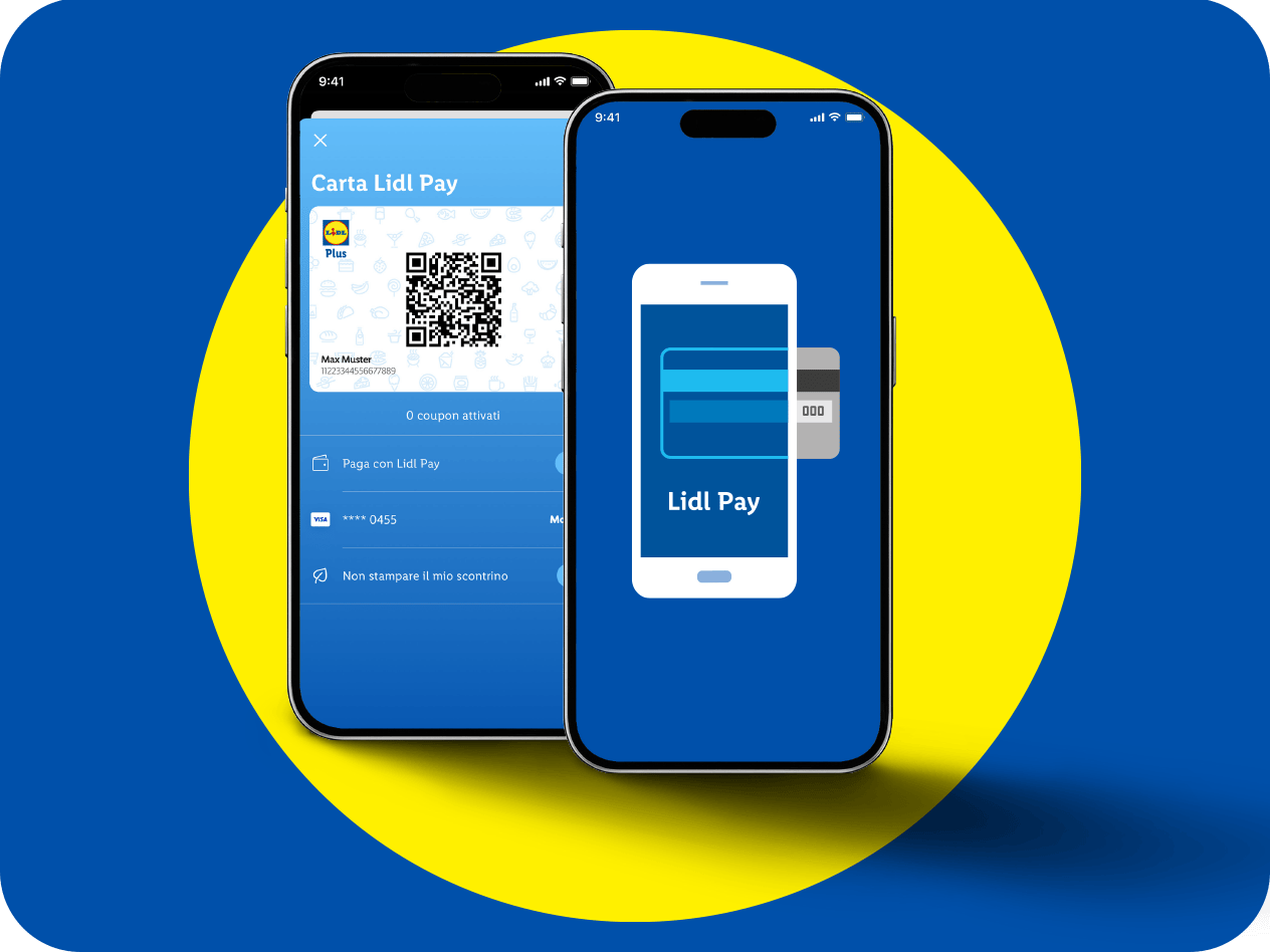 Due smartphone mostrano l'app Lidl Pay con carta fedeltà e opzioni di pagamento.