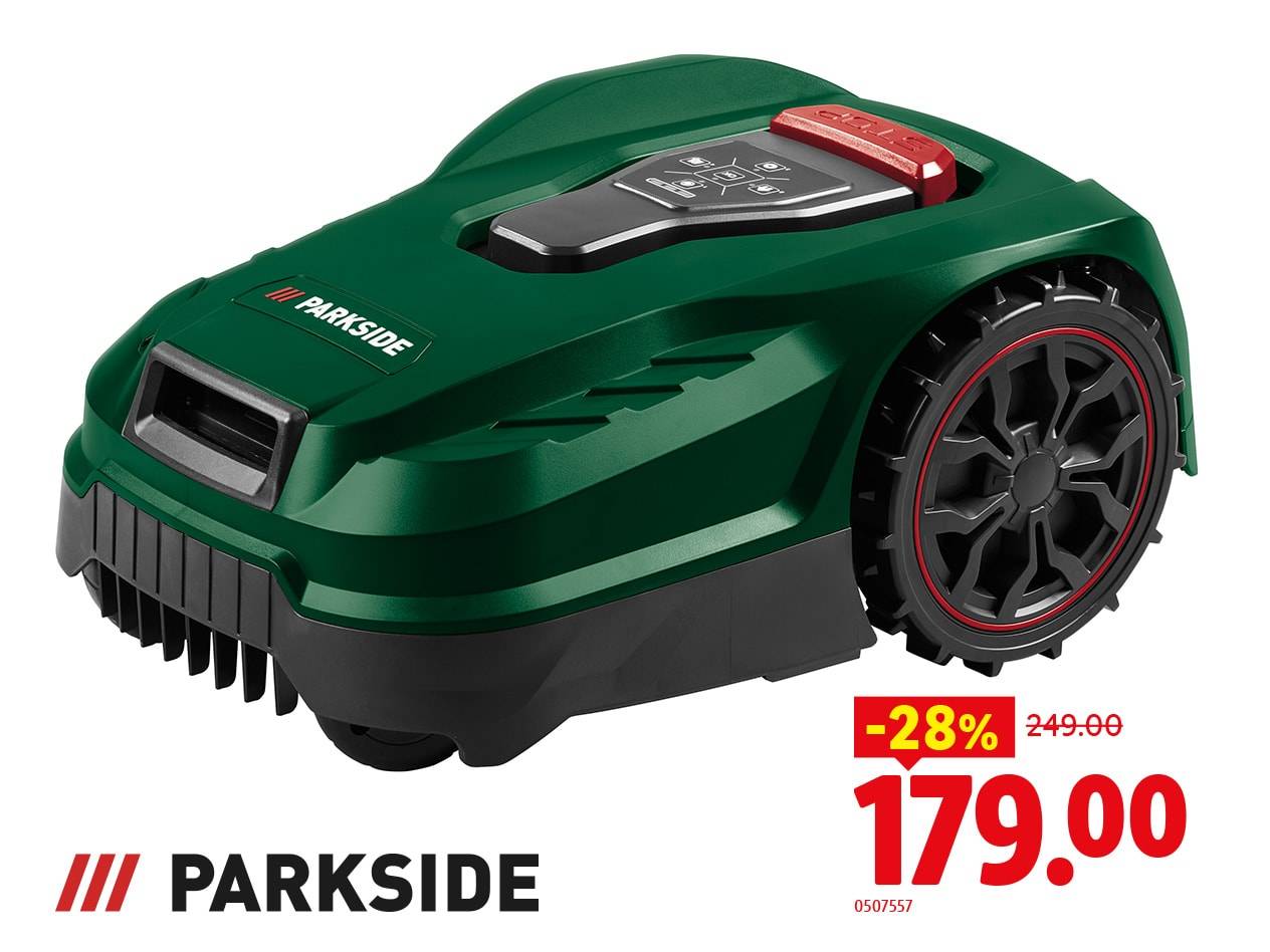 Grüner Mähroboter mit schwarzen und roten Rädern, im Angebot für 179,00.