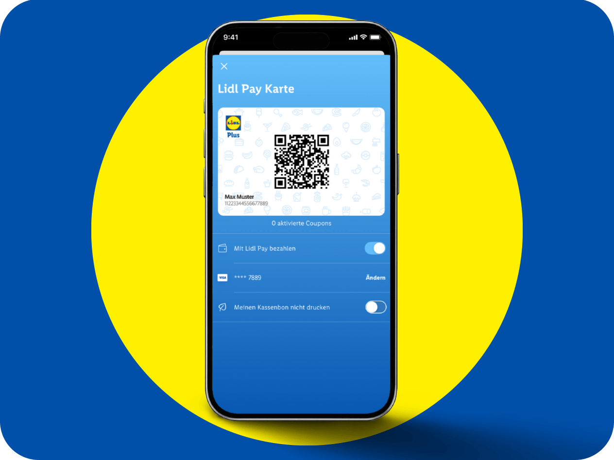 Ein Smartphone zeigt die Bezahl-App eines Supermarktes mit QR-Code, Zahlungsoptionen und Einstellungen.