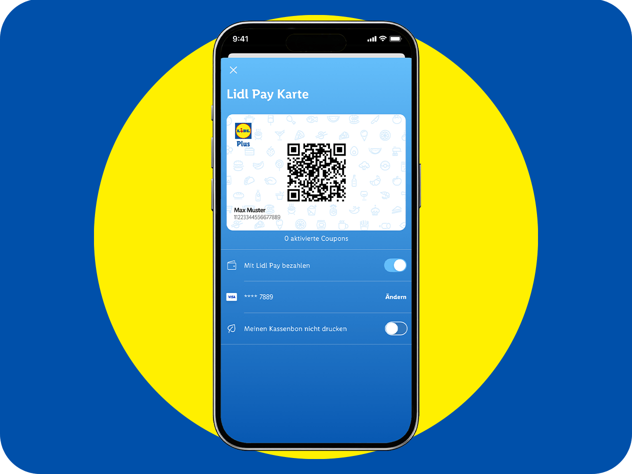 Eine mobile Bezahl-App mit QR-Code, Zahlungsoptionen und Belegeinstellungen.