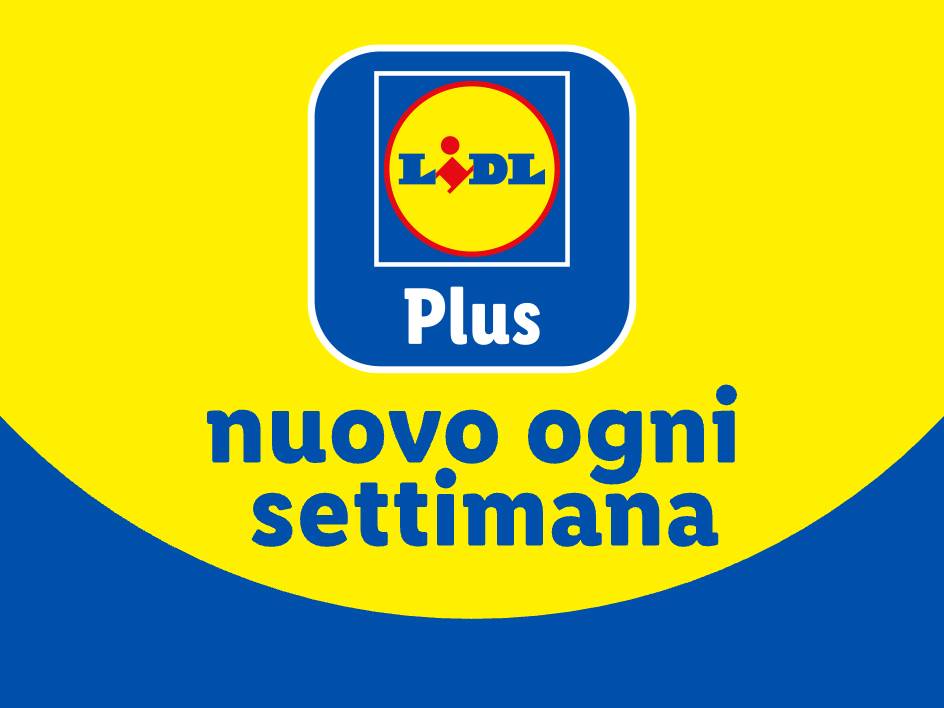 Lidl Plus: nuovo ogni settimana. Sfondo giallo e blu con logo Lidl.