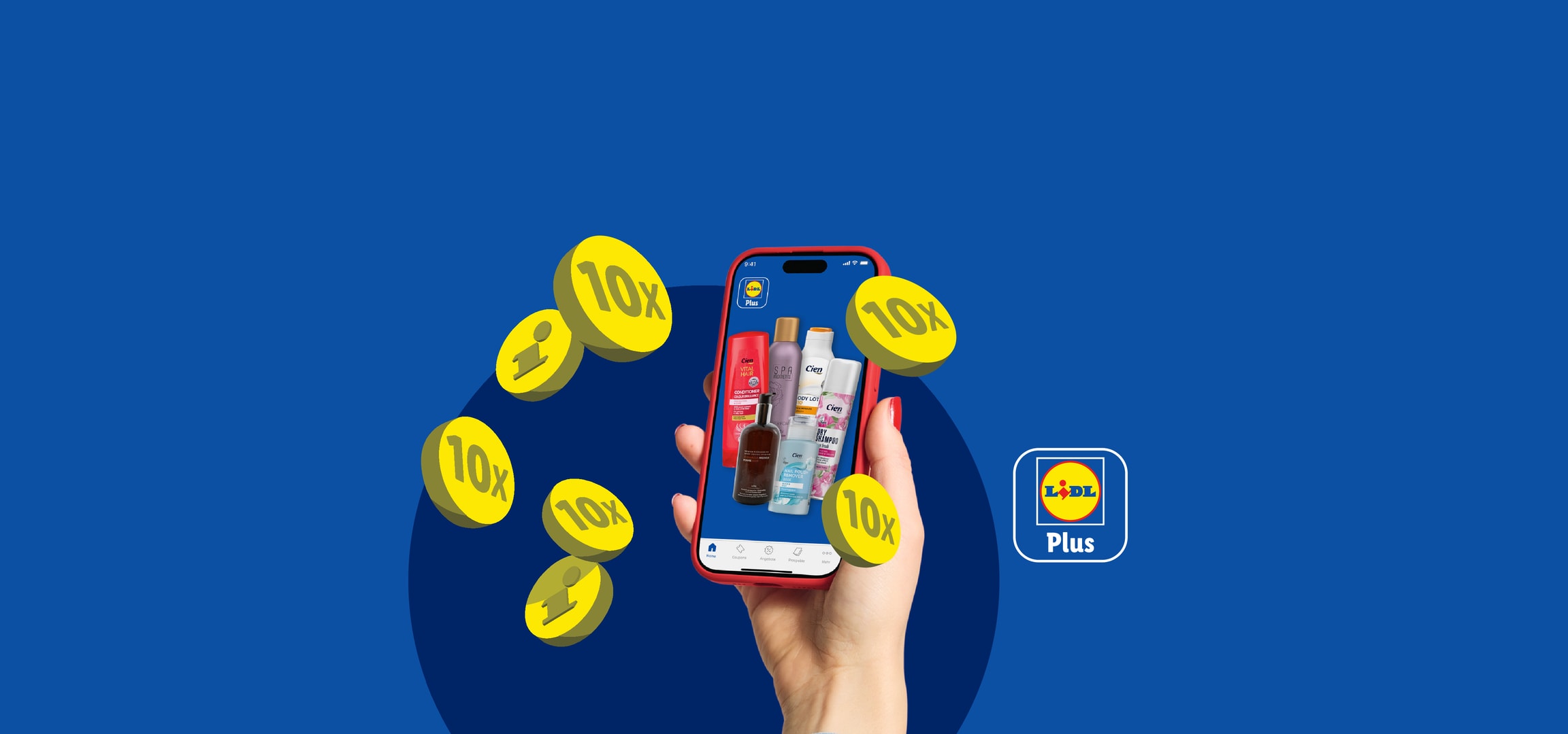 Hand hält Smartphone mit Körperpflegeprodukten und Lidl Plus Logo, mit 10x Bonus.