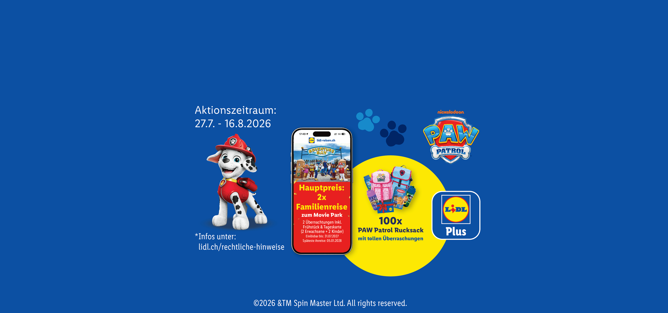 Werbebanner für ein Gewinnspiel mit Paw Patrol-Thema, das eine Familienreise und Rucksäcke verlost.