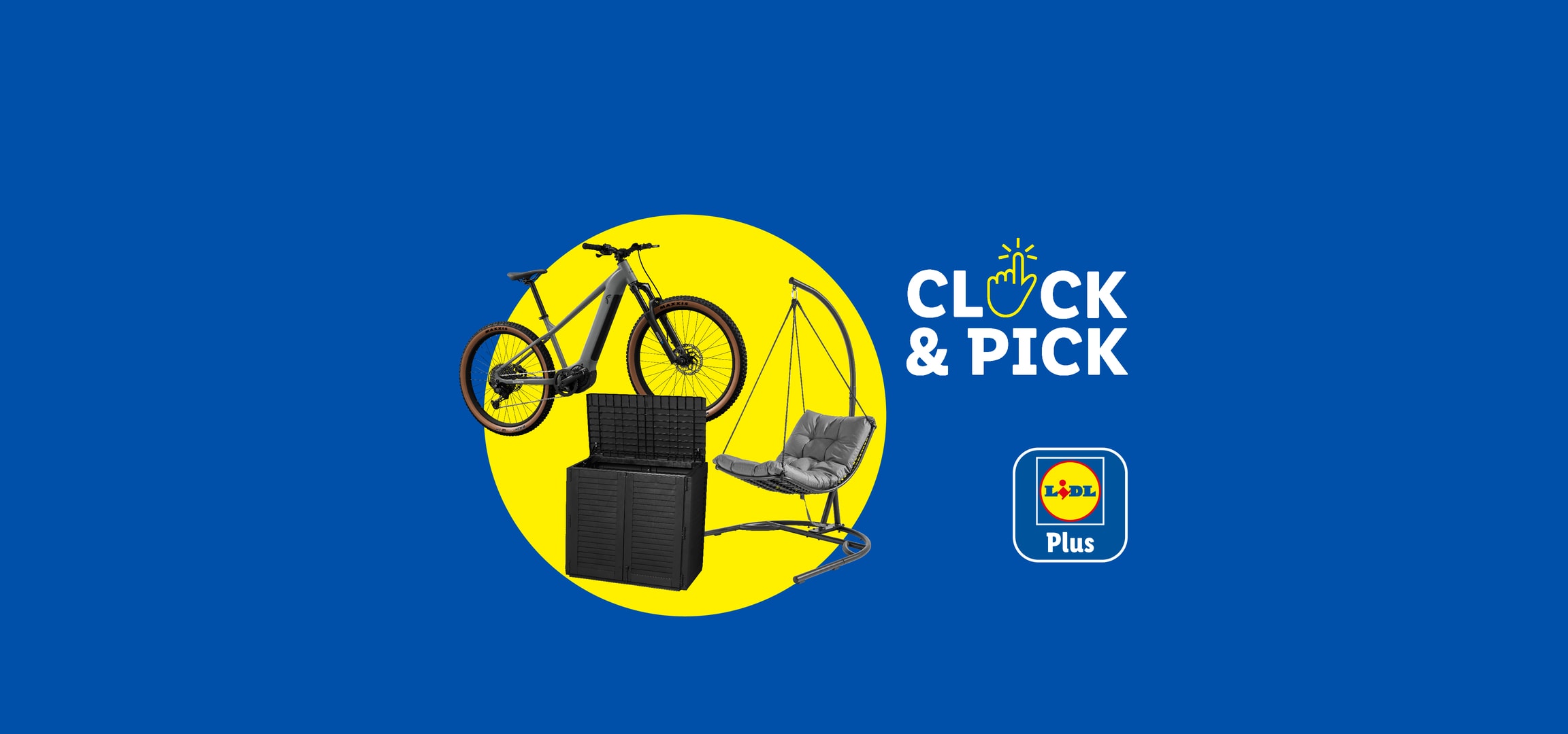 Bicicletta, contenitore da esterno e sedia sospesa su sfondo blu e giallo con testo 'CLICK & PICK'.