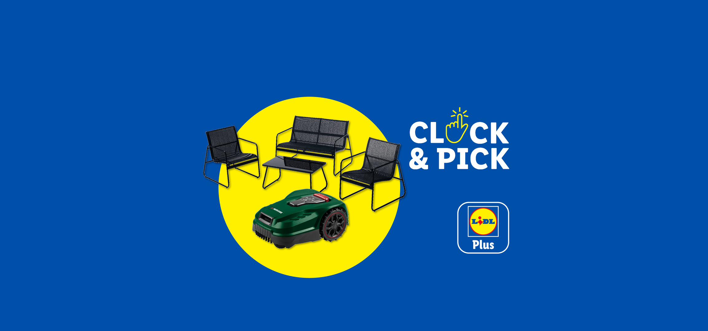 Schwarze Gartenmöbel und ein grüner Mähroboter auf blau-gelbem Hintergrund mit „CLICK & PICK“-Text und Lidl Plus Logo.