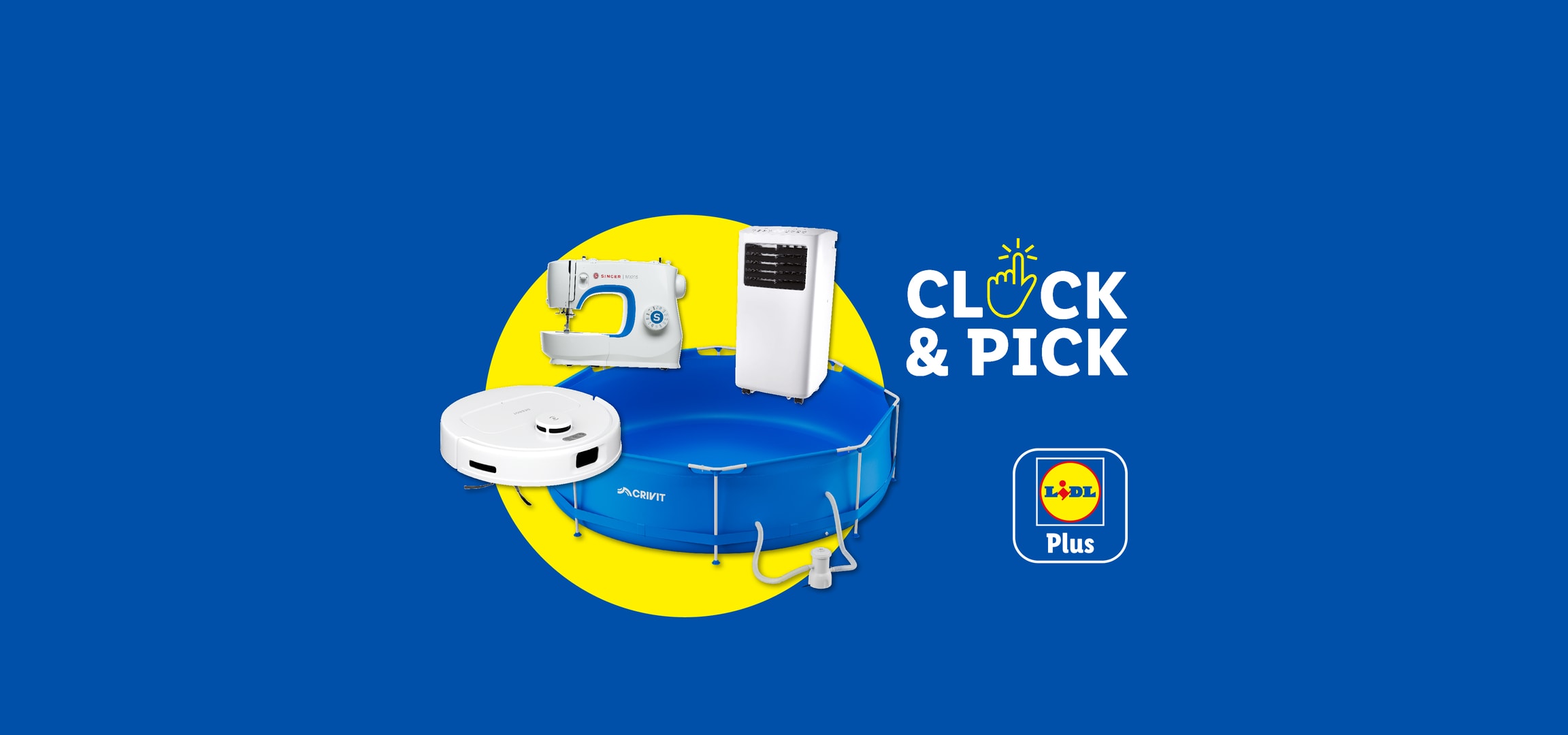 Nähmaschine, Saugroboter, Klimaanlage und Pool auf blau-gelbem Hintergrund mit „CLICK & PICK“.