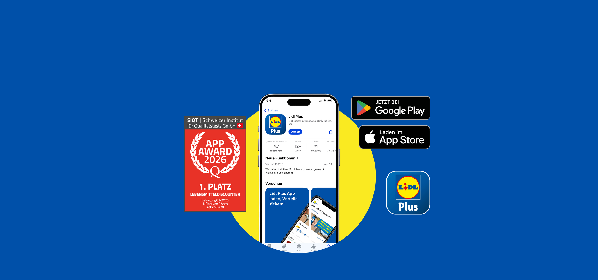 Eine Supermarkt-Mobil-App mit Prämien, erhältlich bei Google Play und im App Store, Gewinner des App Awards 2026.