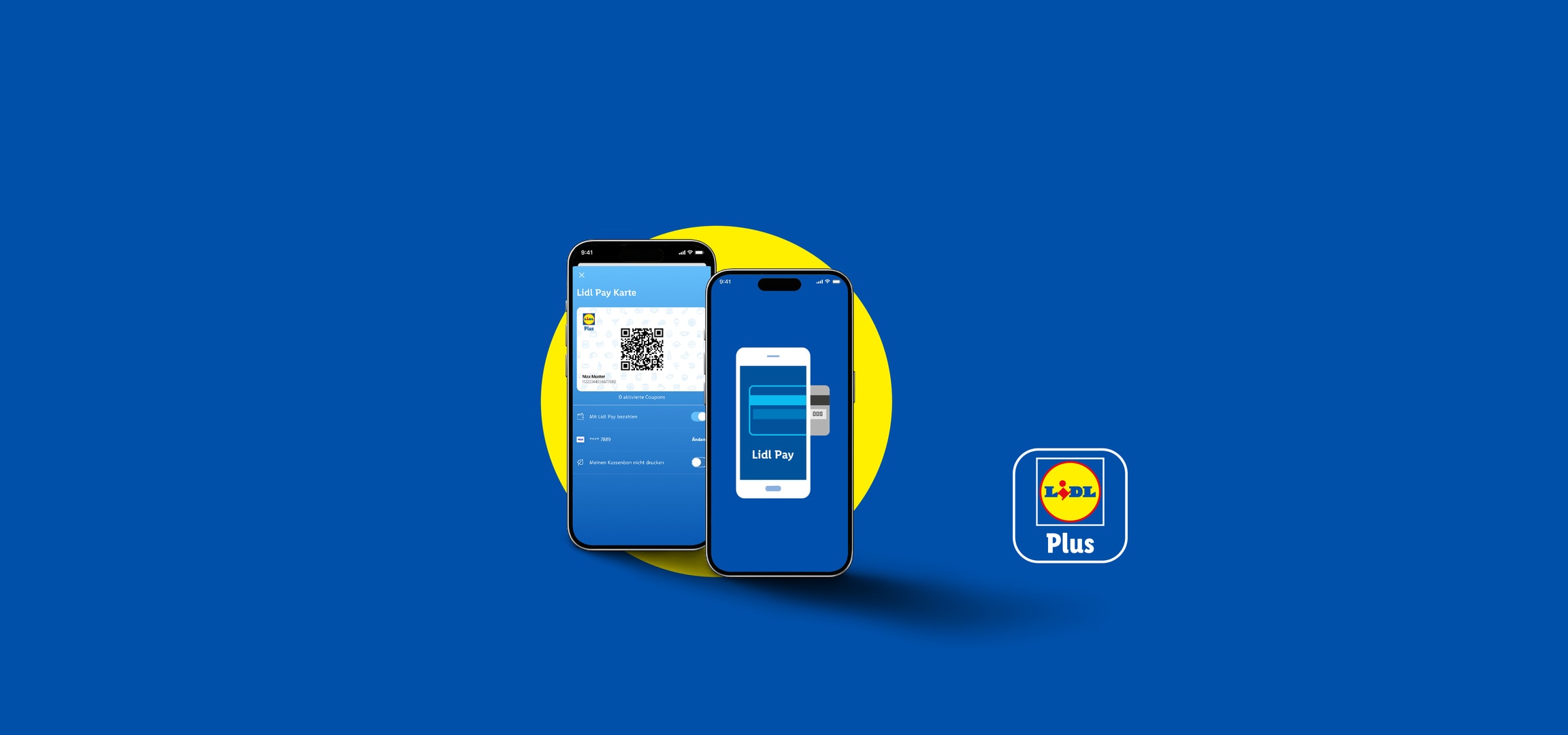 Zwei Smartphones zeigen die Bezahl-App und die Kundenkarte, mit dem Plus-Logo im Vordergrund.