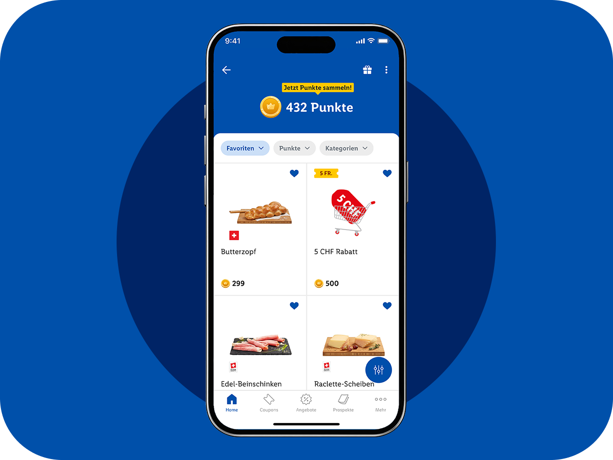 Mobile App-Bildschirm mit einem Treueprogramm, 432 Punkten, Angeboten für Butterzopf, 5 CHF Rabatt und Raclette-Scheiben.