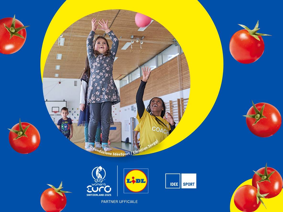 Lidl sponsorizza l'Euro femminile UEFA 2025 in Svizzera, bambini giocano a palla.