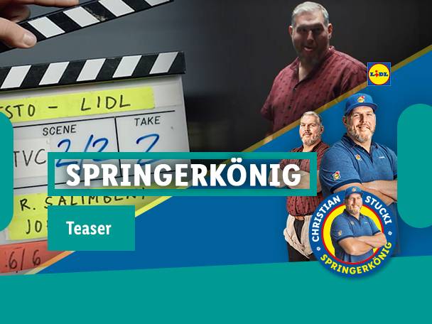 Eine Filmklappe und ein lächelnder Mann, mit dem Text 'SPRINGERKÖNIG Teaser'.