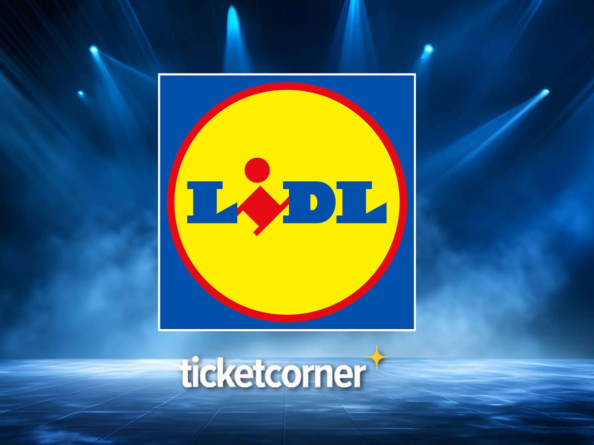 Logo Lidl su sfondo di palco illuminato, con il testo 'ticketcorner' in basso.